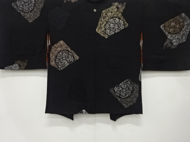 大正ロマン　漆　破れ色紙に花模様織出し　一ツ紋羽織